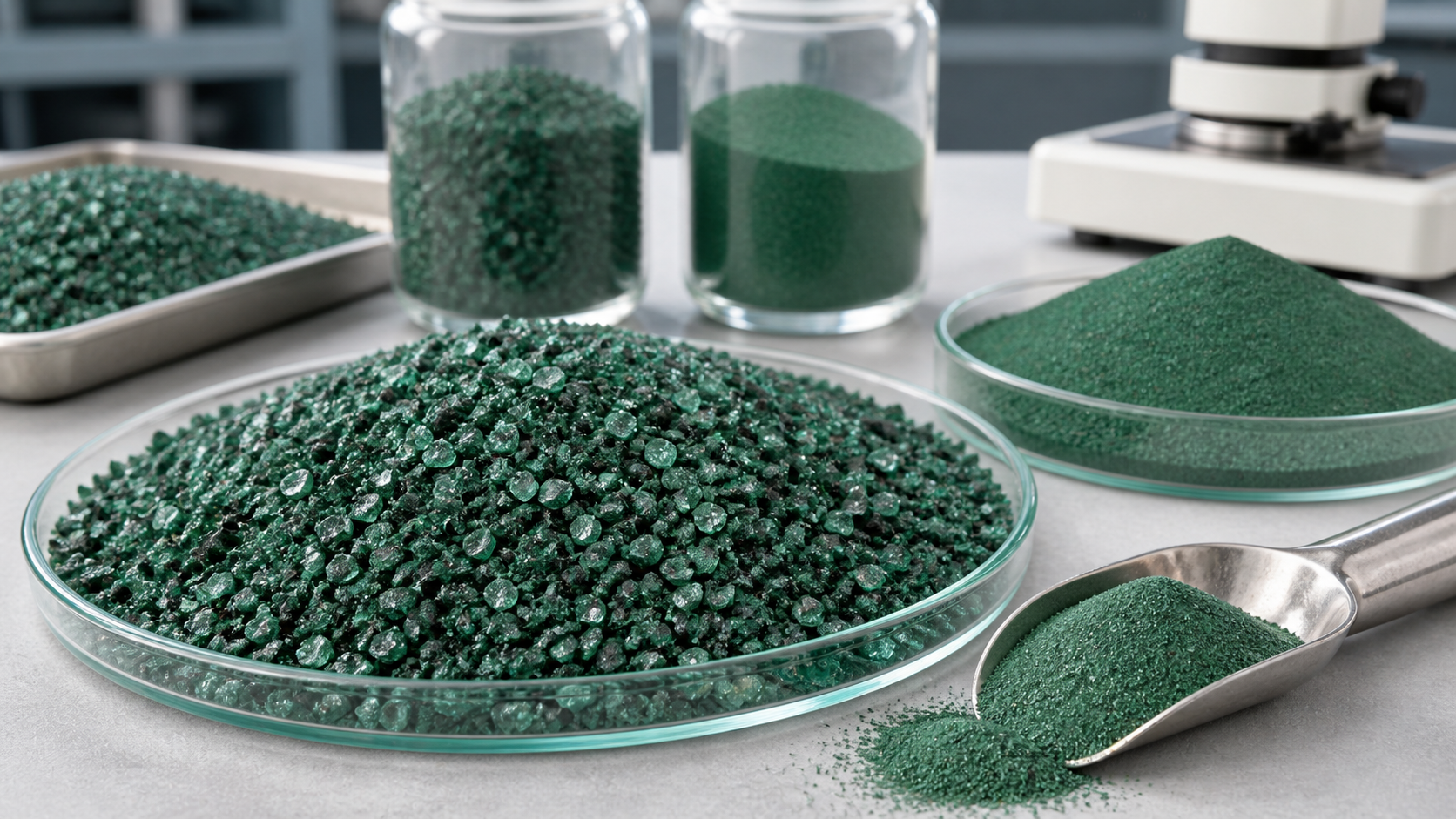 Green silicon carbide grains and powder samples